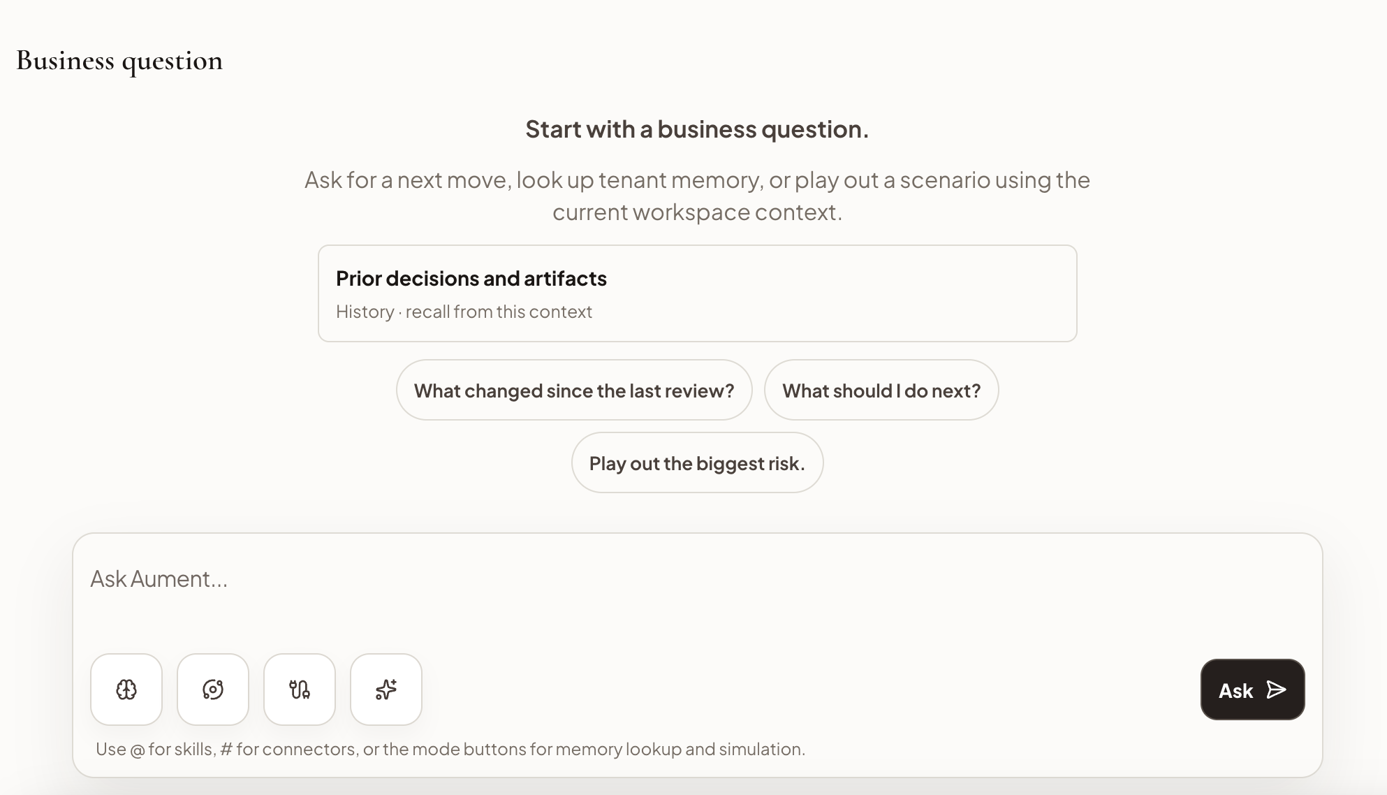 Ask Aument business question surface with prompt suggestions, memory lookup, scenario prompts, mode buttons, and ask action.