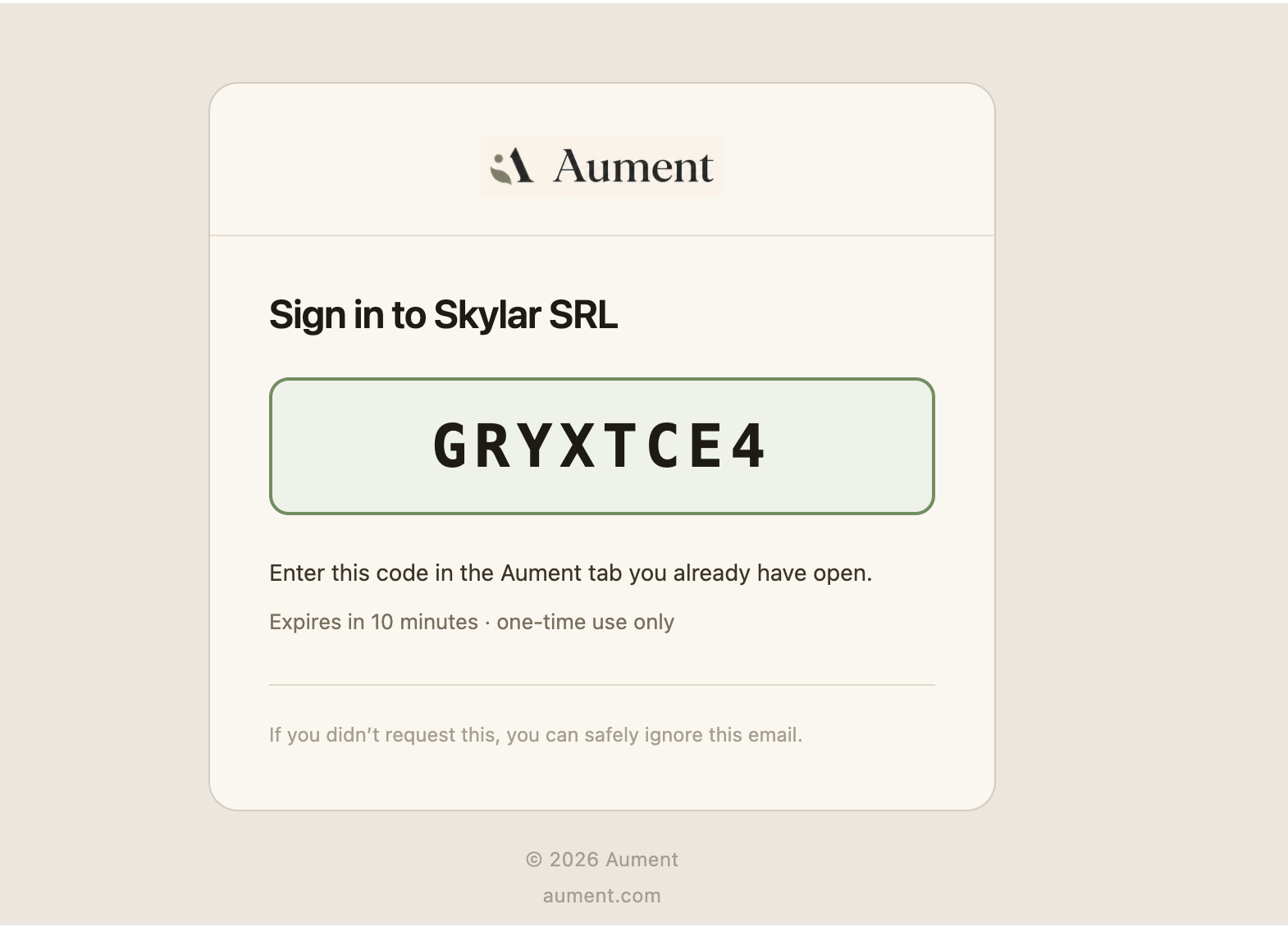 Aument sign-in email for Skylar SRL showing a one-time verification code.