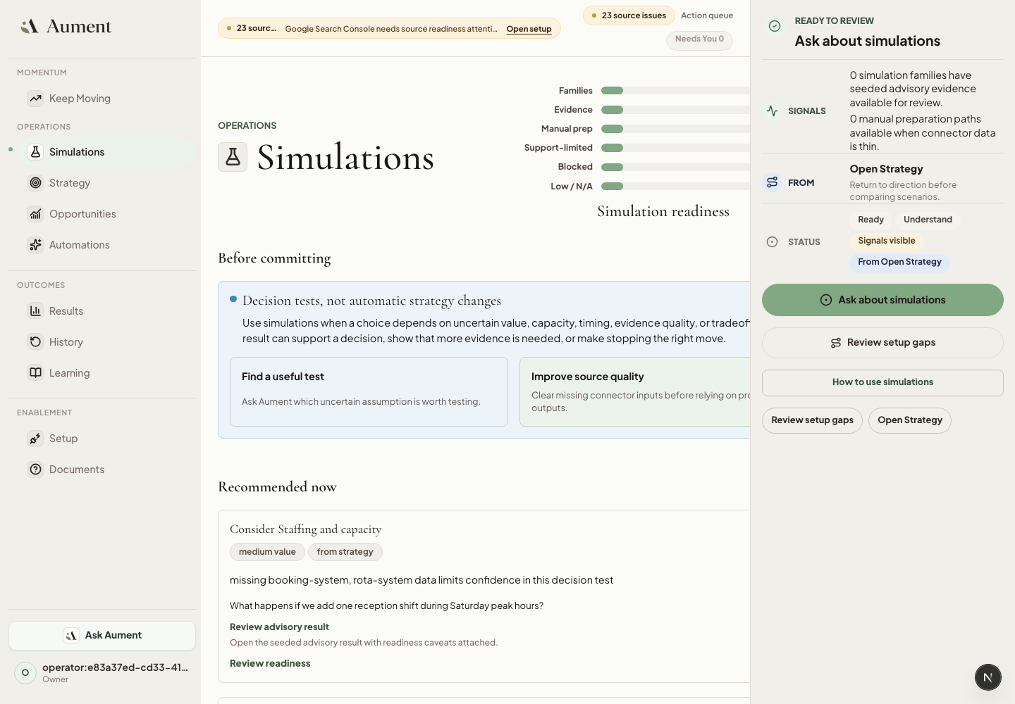 Aument Simulations surface showing simulation readiness, decision tests, setup gaps, and recommended simulation work.
