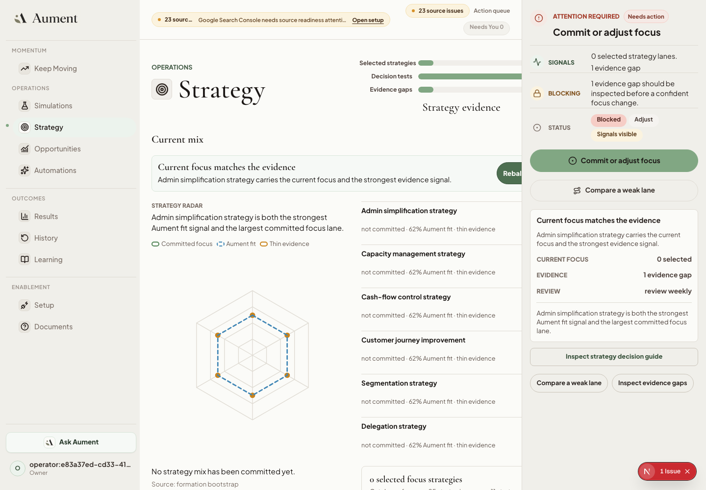 Aument Strategy surface showing current strategy mix, strategy radar, evidence gaps, and a commit or adjust focus action panel.